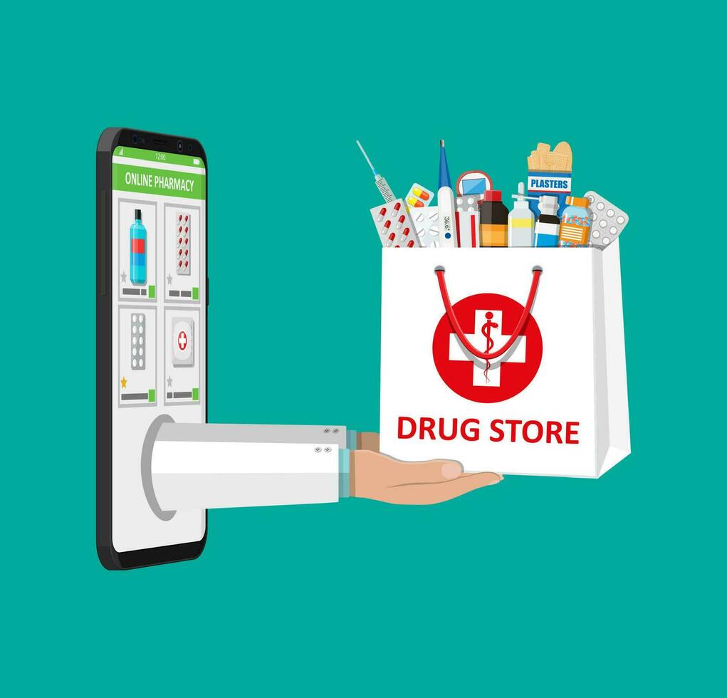 mano e smartphone con shopping app. bianca shopping Borsa per medico pillole e bottiglie, assistenza sanitaria e acquisti, farmacia, droga negozio. vettore illustrazione nel piatto stile