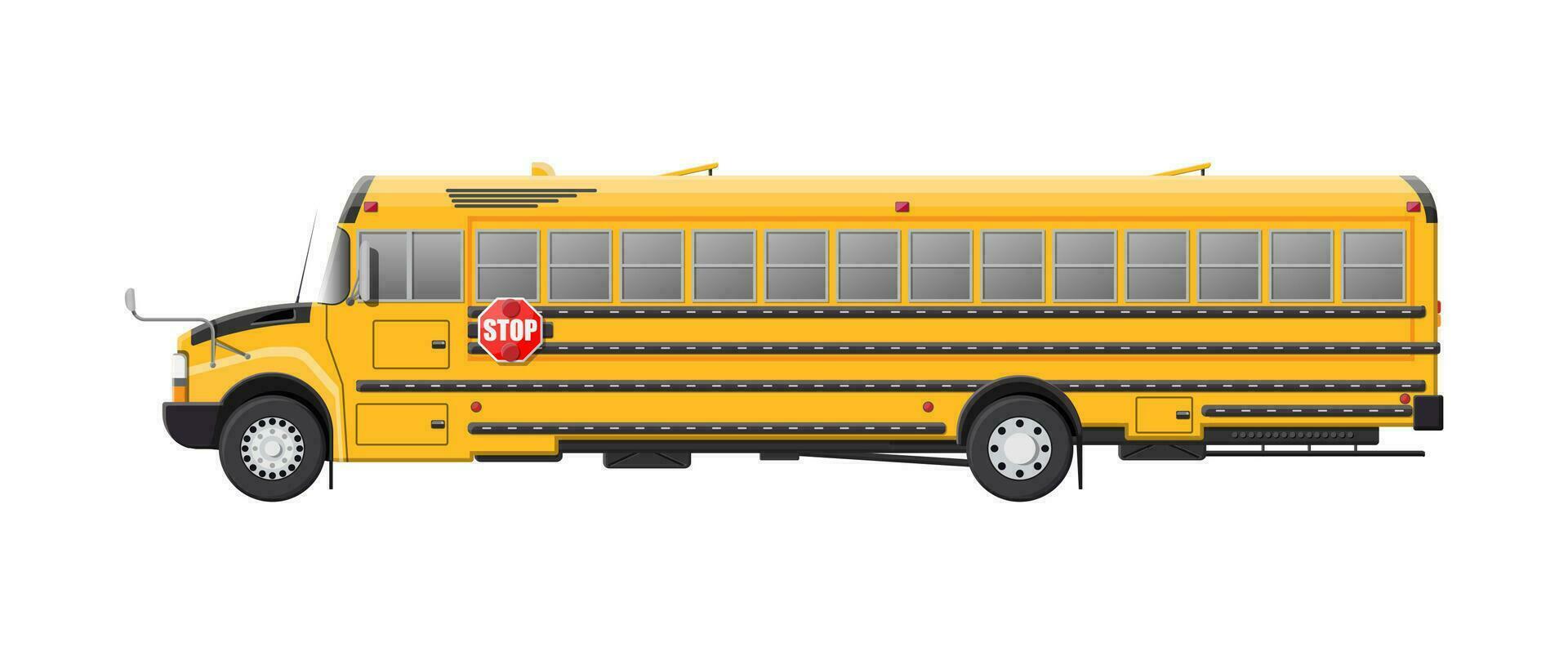 giallo lungo classico scuola autobus. bambini equitazione scuolabus trasporto. formazione scolastica trasporto. vettore illustrazione nel piatto stile