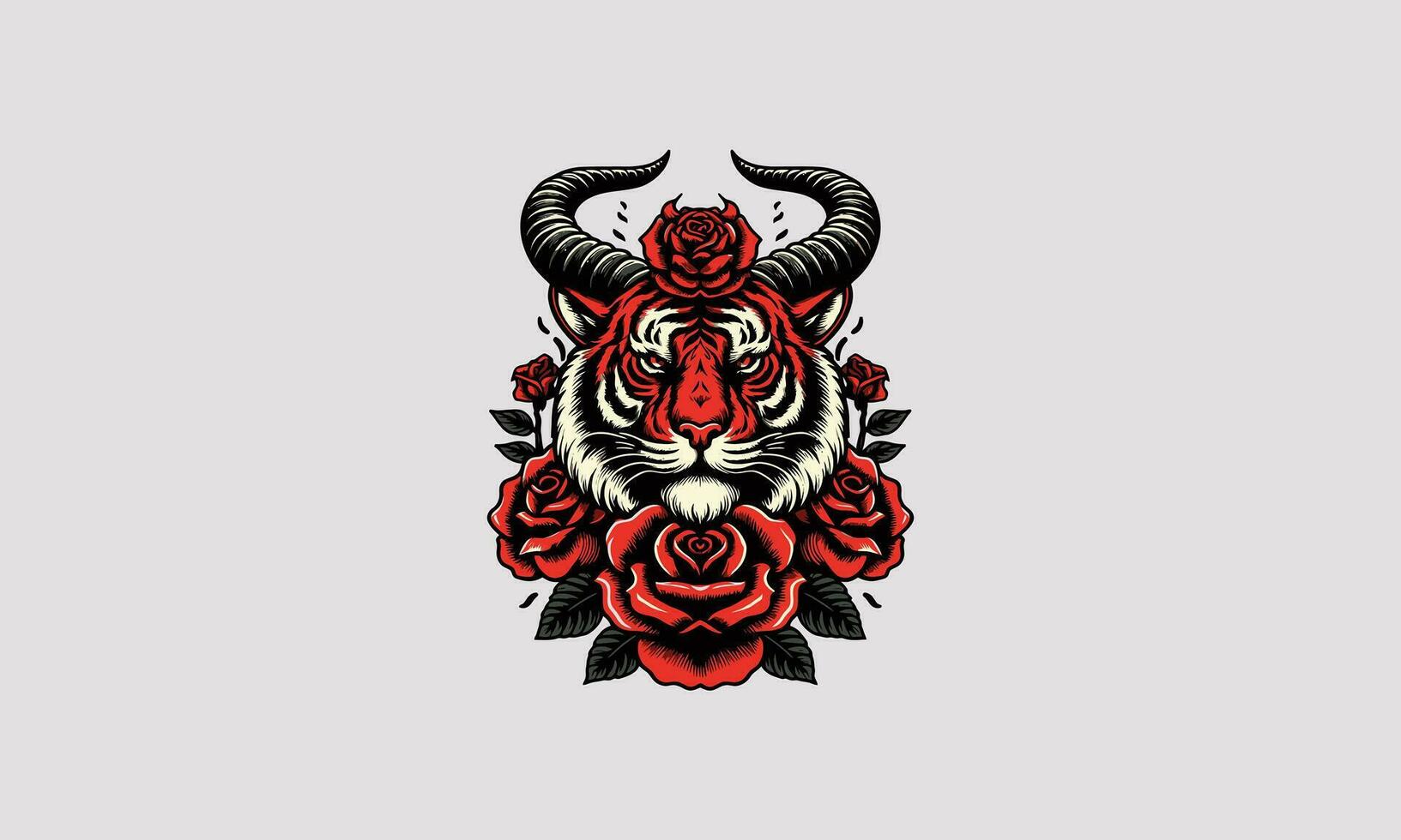 testa tigre con corno e rosa vettore tatuaggio design