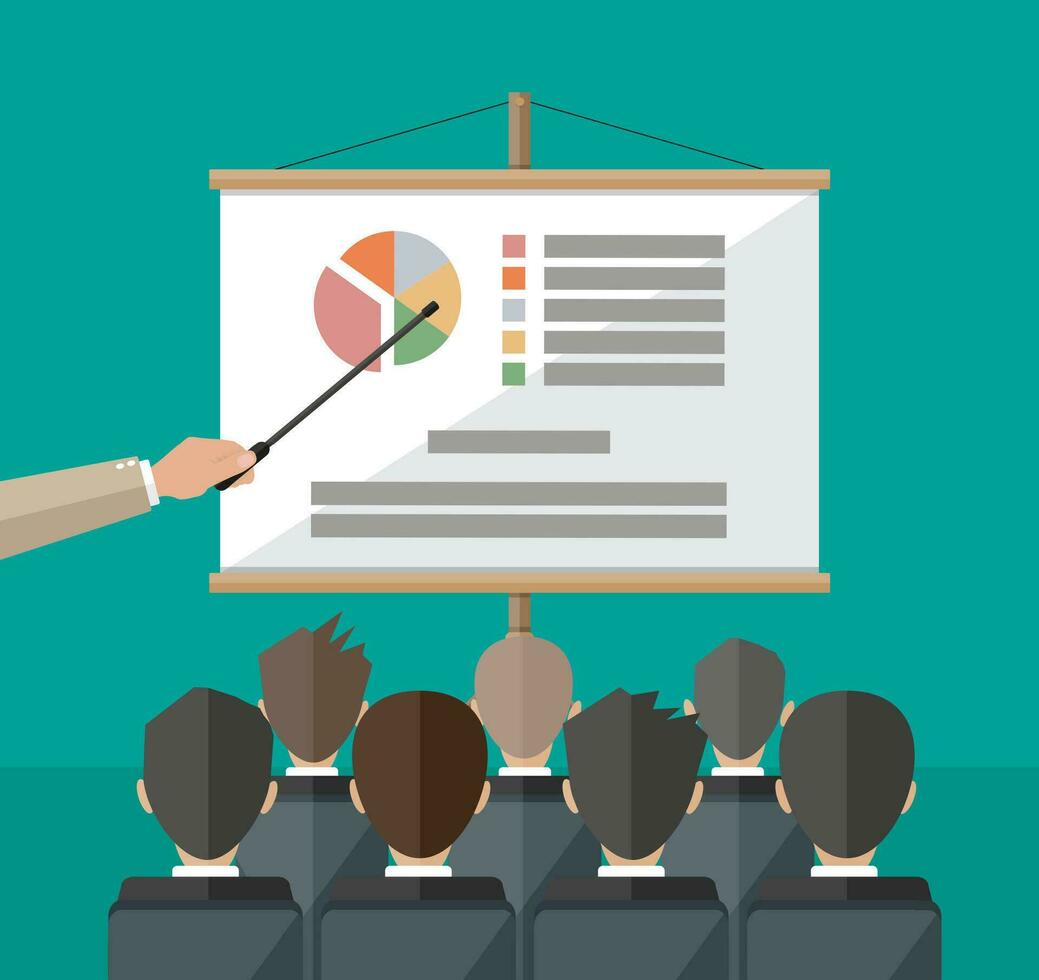 mano di insegnante con pointer nel davanti di schermo con grafico torta fare presentazione per altro attività commerciale le persone. formazione personale, incontro, rapporto, attività commerciale scuola. vettore illustrazione nel piatto stile