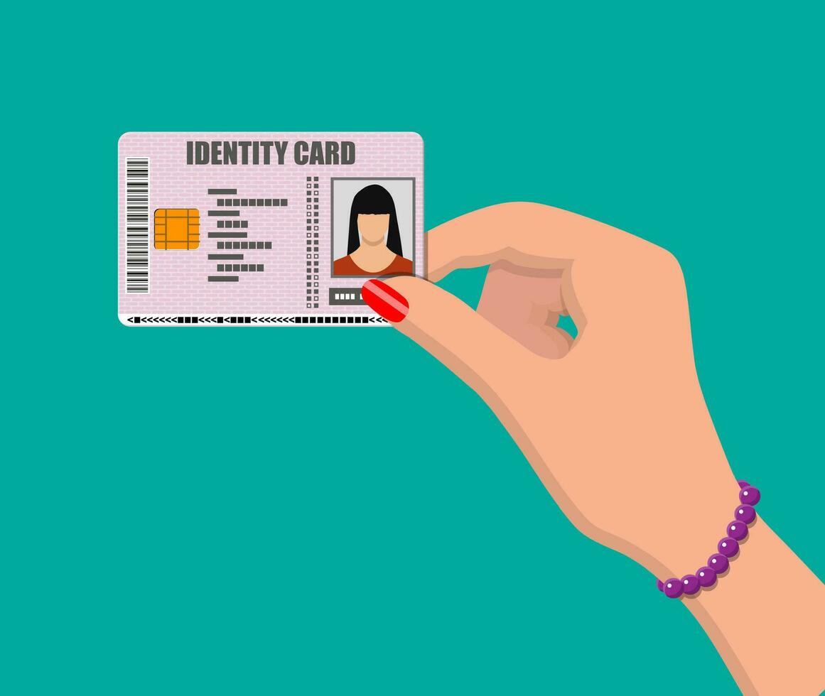 femmina id carta nel mano. identità carta, nazionale id carta, passaporto carta con elettronico patata fritta e donna foto. vettore illustrazione nel piatto design