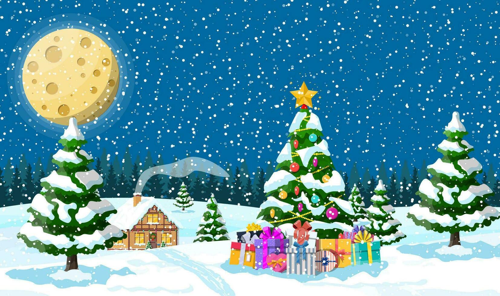 suburbano Casa coperto neve. edificio nel vacanza ornamento. Natale paesaggio albero abete rosso regalo scatola. contento nuovo anno decorazione. allegro Natale vacanza. nuovo anno natale celebrazione. vettore illustrazione