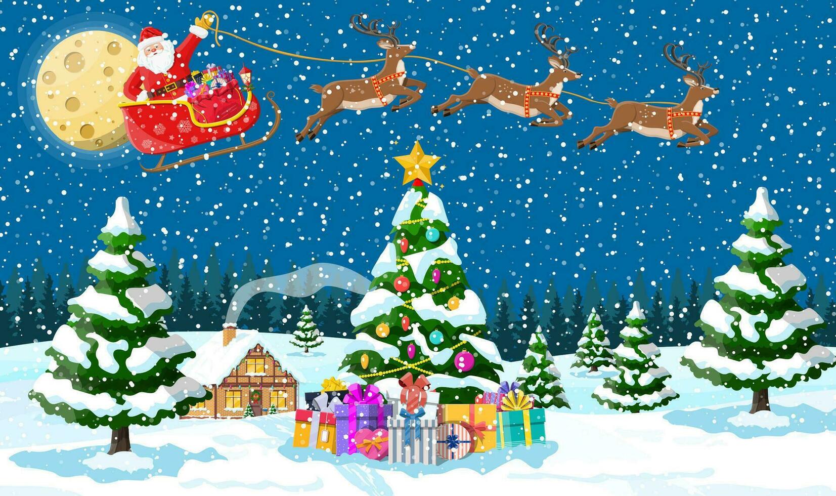 suburbano Casa coperto neve. edificio nel vacanza ornamento. Natale paesaggio albero, pupazzo di neve, Santa slitta renne. nuovo anno decorazione. allegro Natale vacanza natale celebrazione. vettore illustrazione