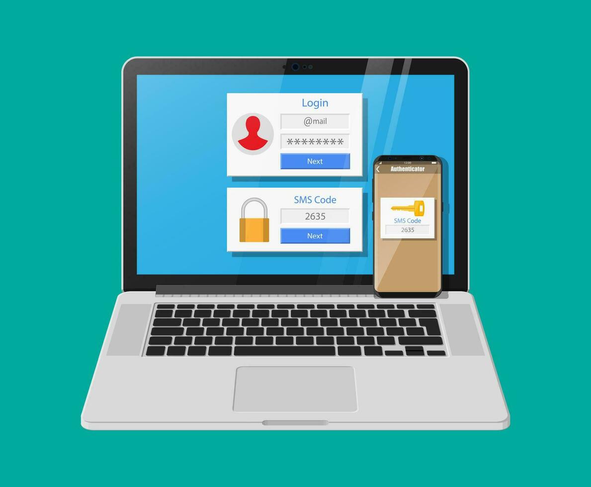 Due passaggi autenticazione concetto. il computer portatile con accesso in account e smartphone con sms app. duo verifica di Telefono e approvazione. vettore illustrazione nel piatto stile