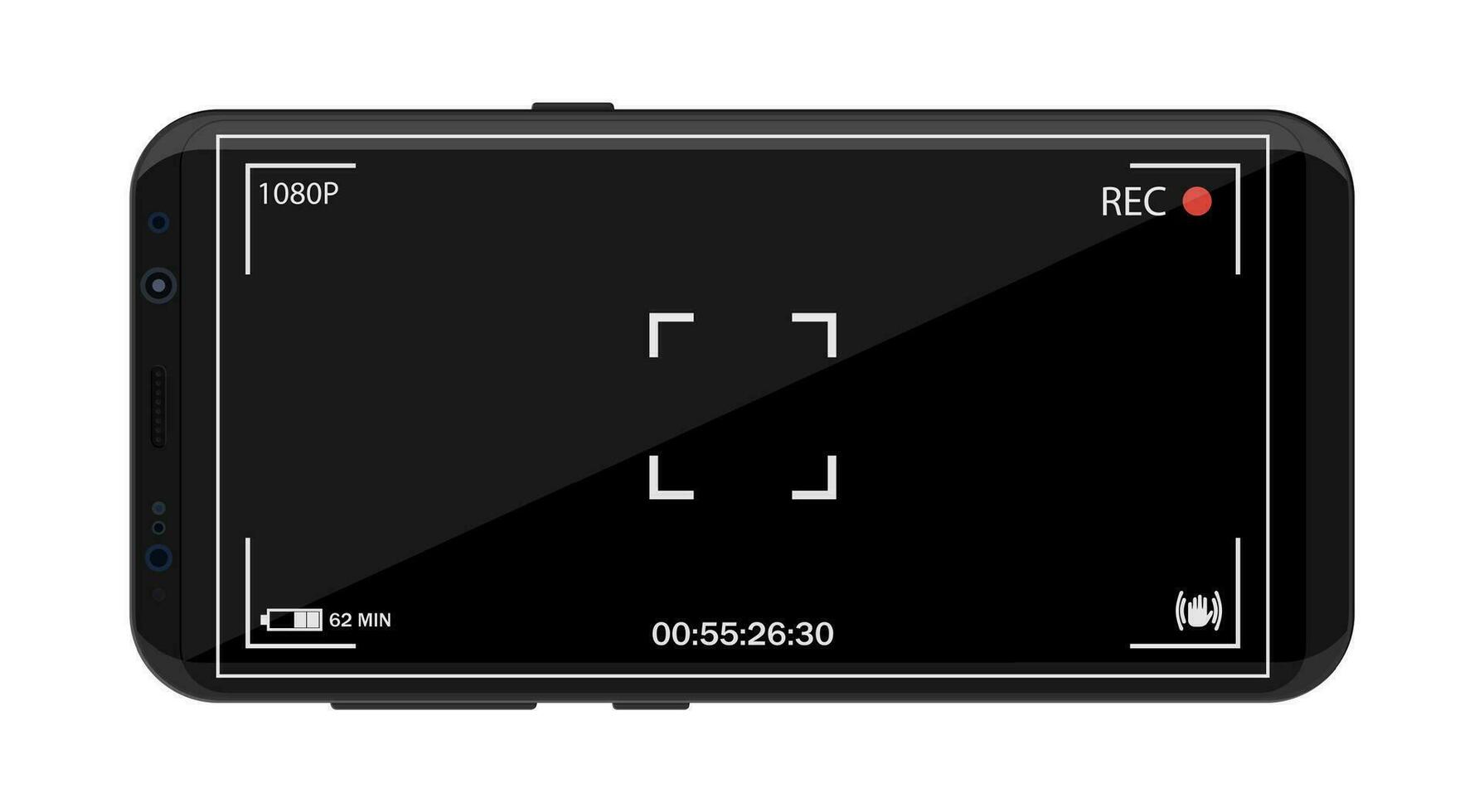 moderno smartphone con telecamera applicazione. utente interfaccia di telecamera mirino. messa a fuoco schermo nel registrazione volta. batteria stato, qualità, Immagine stabilizzazione icona, ui. vettore illustrazione piatto stile