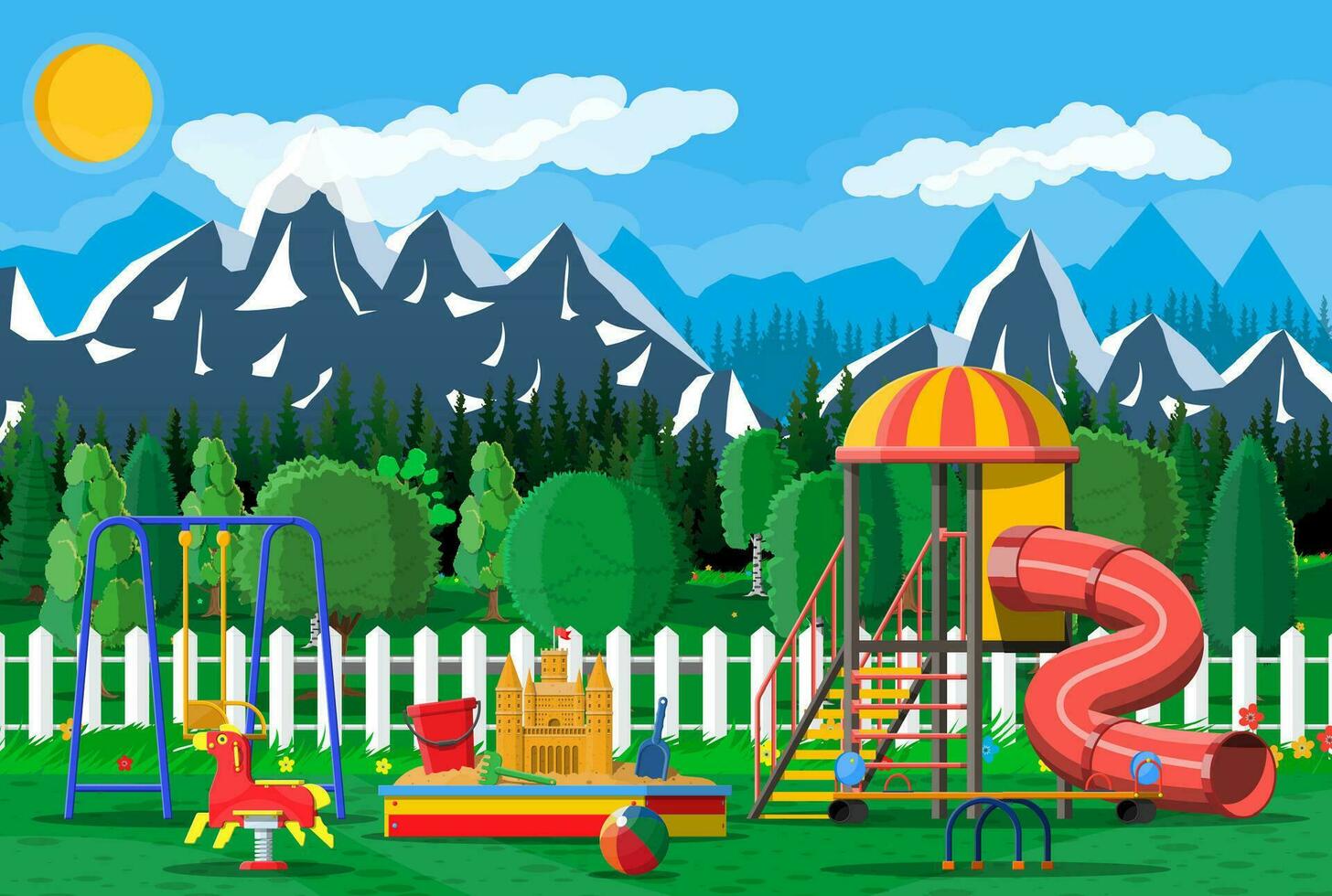 bambini terreno di gioco scuola materna panorama. urbano bambino divertimento. diapositiva scala a pioli, a dondolo giocattolo su molla, diapositiva tubo, swing giostra bilanciatore, sandbox secchio rastrello castello notizia in anticipo. vettore illustrazione piatto stile