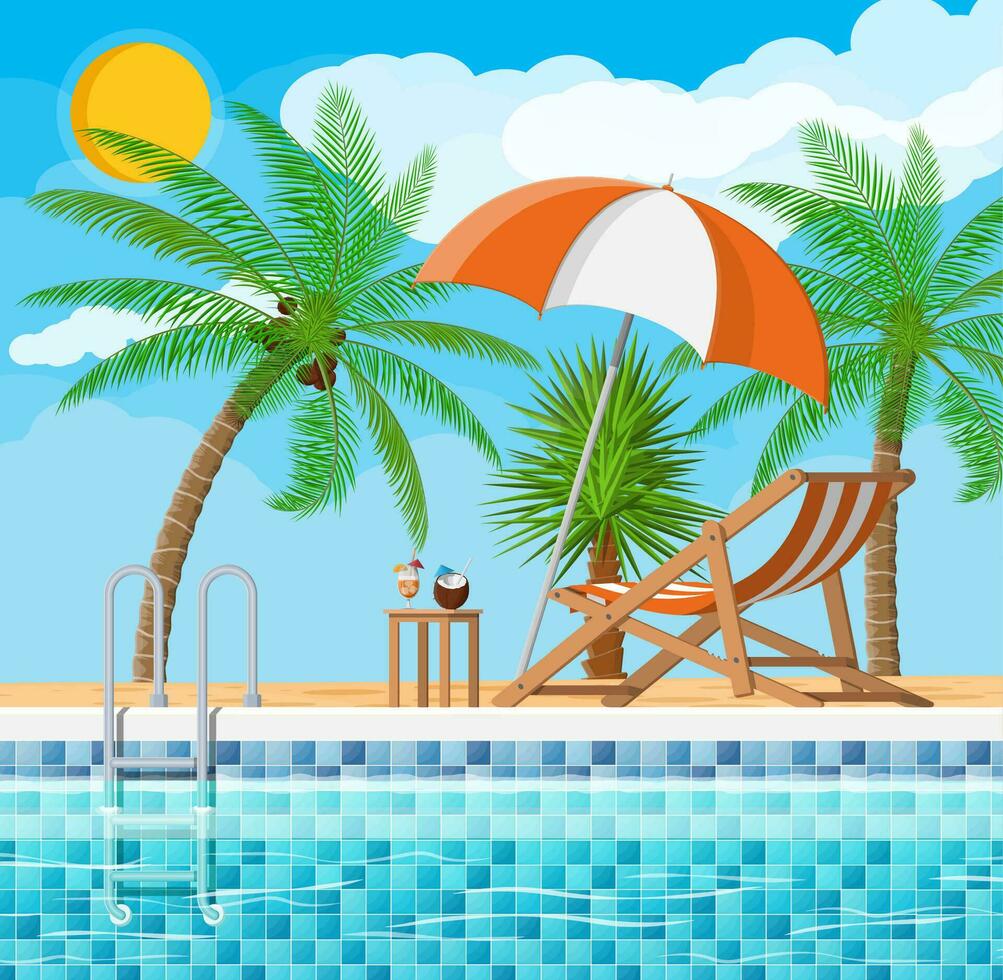 nuoto piscina e scala a pioli. ombrello, di legno lettino. tavolo con Noce di cocco e cocktail. palma albero. cielo, nuvole, sole. vacanza e vacanza concetto. vettore illustrazione nel piatto stile