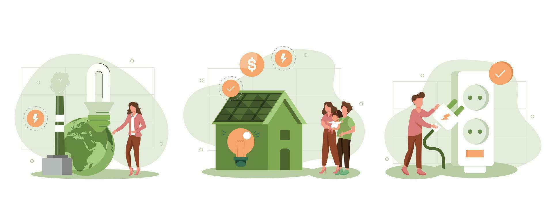 verde elettricità e energia Salva concetto. sostenibilità illustrazione impostare. personaggi ridurre energia consumo a casa, scollegare elettrodomestici e uso energia Salvataggio leggero lampadina. vettore illustrazione.