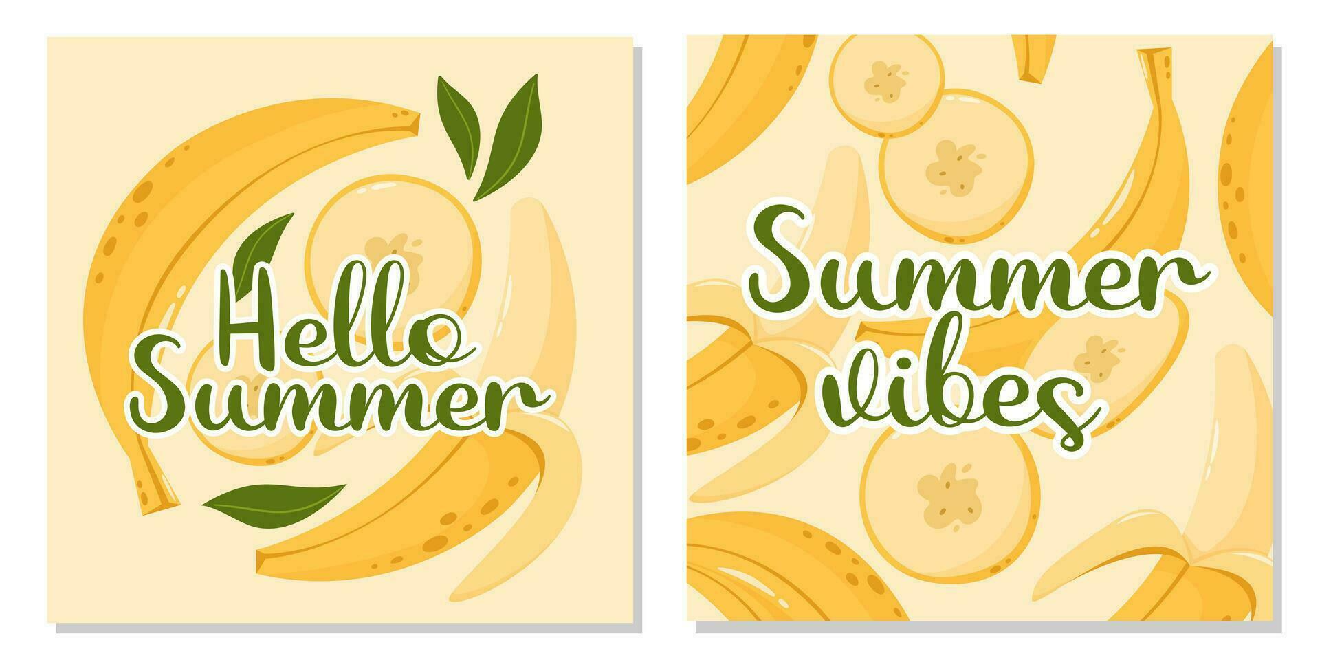 impostato di frutta carte con testo Ciao estate e estate vibrazioni. Banana composizione con le foglie. vettore piazza illustrazione per striscione, manifesto, volantino, sociale media