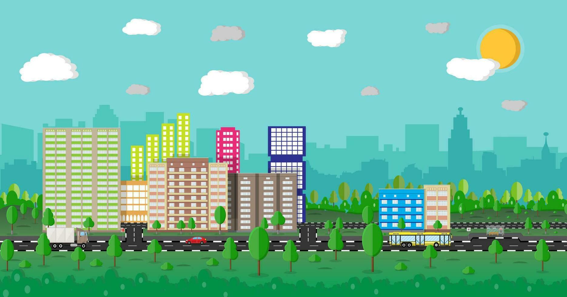 moderno estate città Visualizza. paesaggio urbano con ufficio e residenziale edifici, alberi, strada con autobus, macchina, camion, blu sfondo con nuvole e sole. vettore illustrazione nel piatto stile