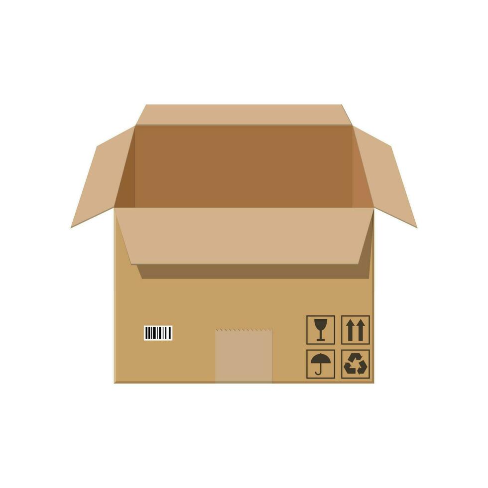 Aperto cartone scatola. scatola di cartone consegna confezione scatola con fragile segni. vettore illustrazione nel piatto stile
