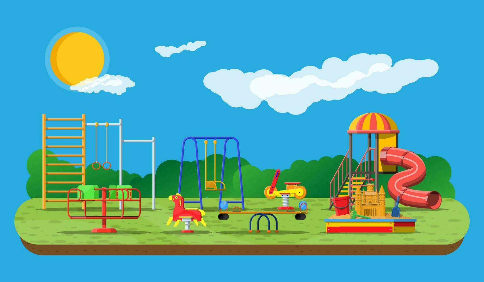 bambini terreno di gioco scuola materna panorama. urbano bambino divertimento. diapositiva scala a pioli, a dondolo giocattolo su molla, diapositiva tubo, swing giostra bilanciatore, sandbox secchio rastrello castello notizia in anticipo. vettore illustrazione piatto stile