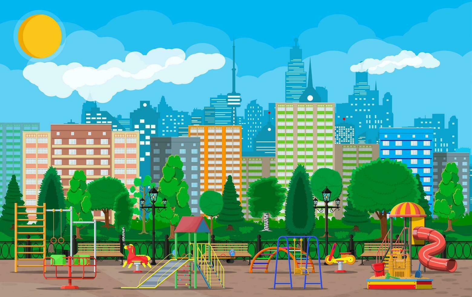 bambini terreno di gioco scuola materna panorama. urbano bambino divertimento. diapositiva scala a pioli, a dondolo giocattolo su molla, diapositiva tubo, swing giostra bilanciatore, sabbiera. città parco. paesaggio urbano. vettore illustrazione piatto stile