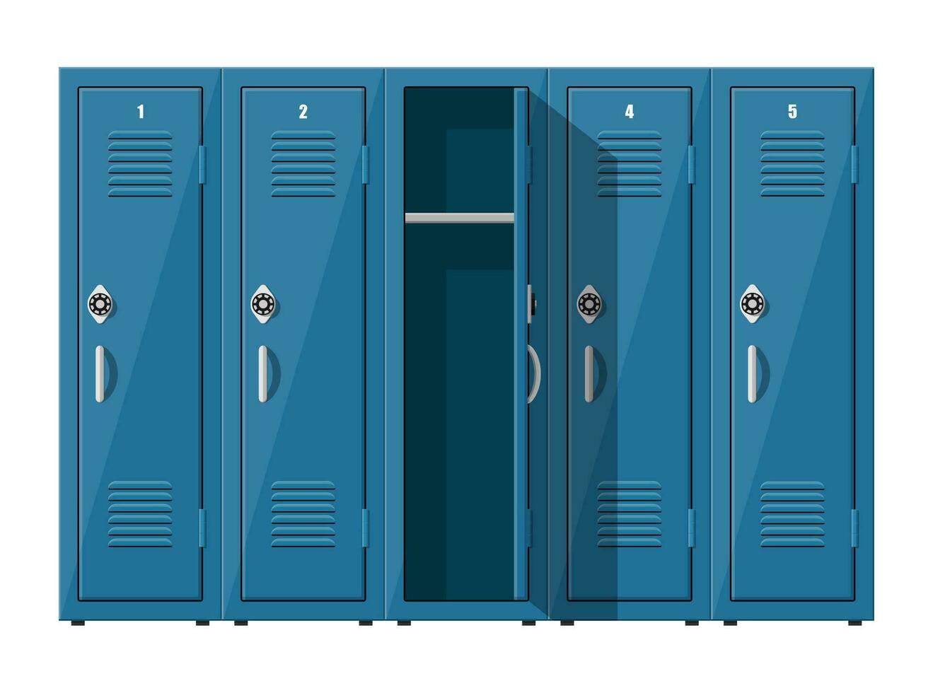 blu metallo armadietti. armadietti nel scuola o Palestra con argento maniglie e serrature. sicuro scatola con porte, credenza, scomparto. vettore illustrazione nel piatto stile