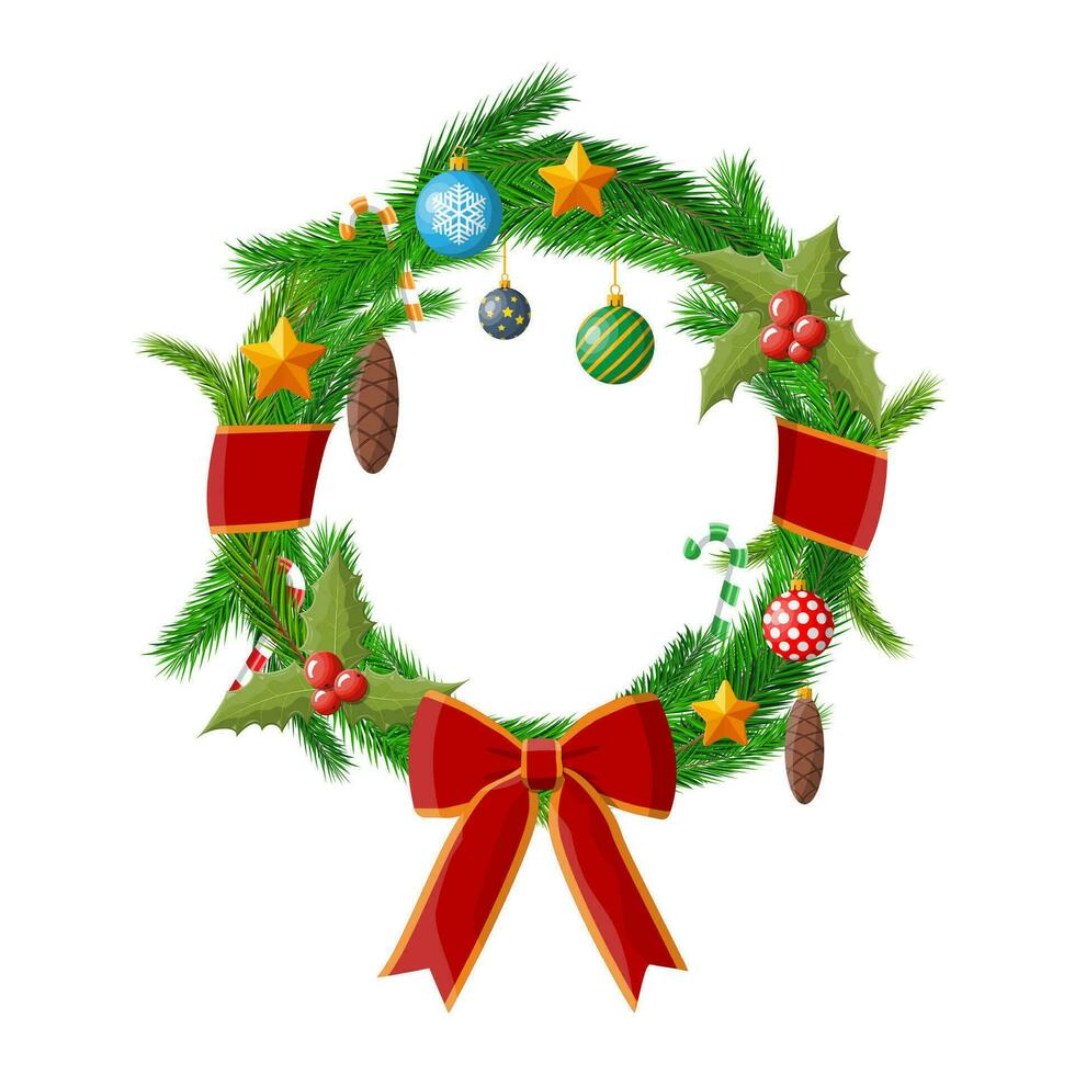 Natale ghirlanda. abete sempreverde ghirlanda con arco, nastri, agrifoglio le foglie frutti di bosco, pino coni, palline, oro stelle. nuovo anno decorazione. Natale vacanza. nuovo anno natale. vettore illustrazione piatto stile