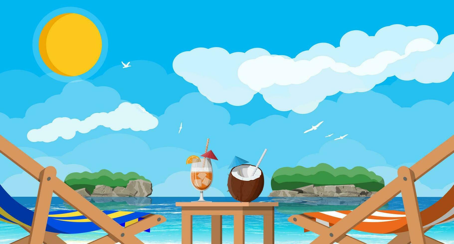 paesaggio di di legno carrozza sala, tavolo con Noce di cocco e cocktail su spiaggia. sole con riflessione nel acqua e nuvole. giorno nel tropicale posto. vettore illustrazione nel piatto stile