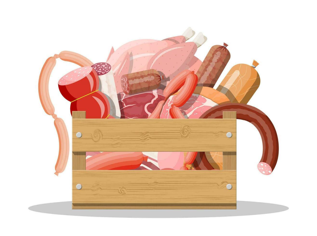 di legno scatola pieno di carne. taglio, salsicce, Bacon, prosciutto. marmorizzato carne manzo. macellaio negozio, bisteccheria, azienda agricola biologico prodotti. drogheria cibo. Maiale fresco bistecca. vettore illustrazione piatto stile