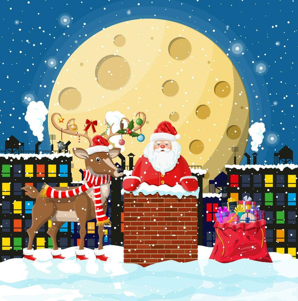 Santa Claus con Borsa con i regali nel Casa camino, regalo scatole nel neve renna. contento nuovo anno decorazione. allegro Natale vigilia vacanza. nuovo anno e natale celebrazione. vettore illustrazione nel piatto stile