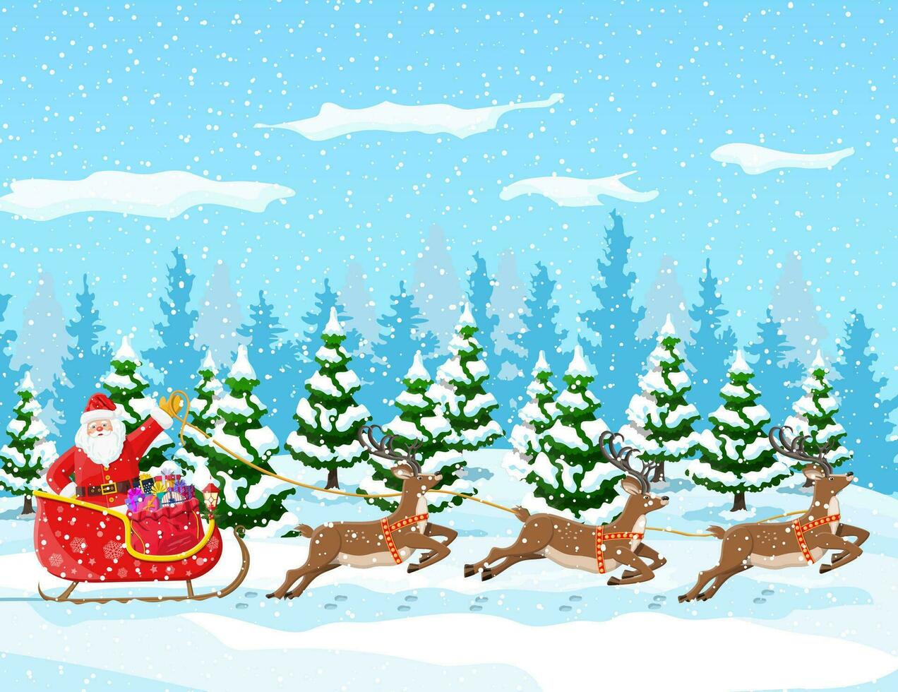 Natale sfondo. Santa Claus cavalcate renna slitta. inverno paesaggio con abete alberi foresta e nevicando. contento nuovo anno celebrazione. nuovo anno natale vacanza. vettore illustrazione piatto stile