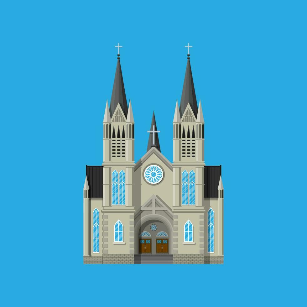 esterno di cattolico o protestante Chiesa Cattedrale nel Gotico stile. urbano cappella. Torre con attraversare. vettore illustrazione nel piatto stile