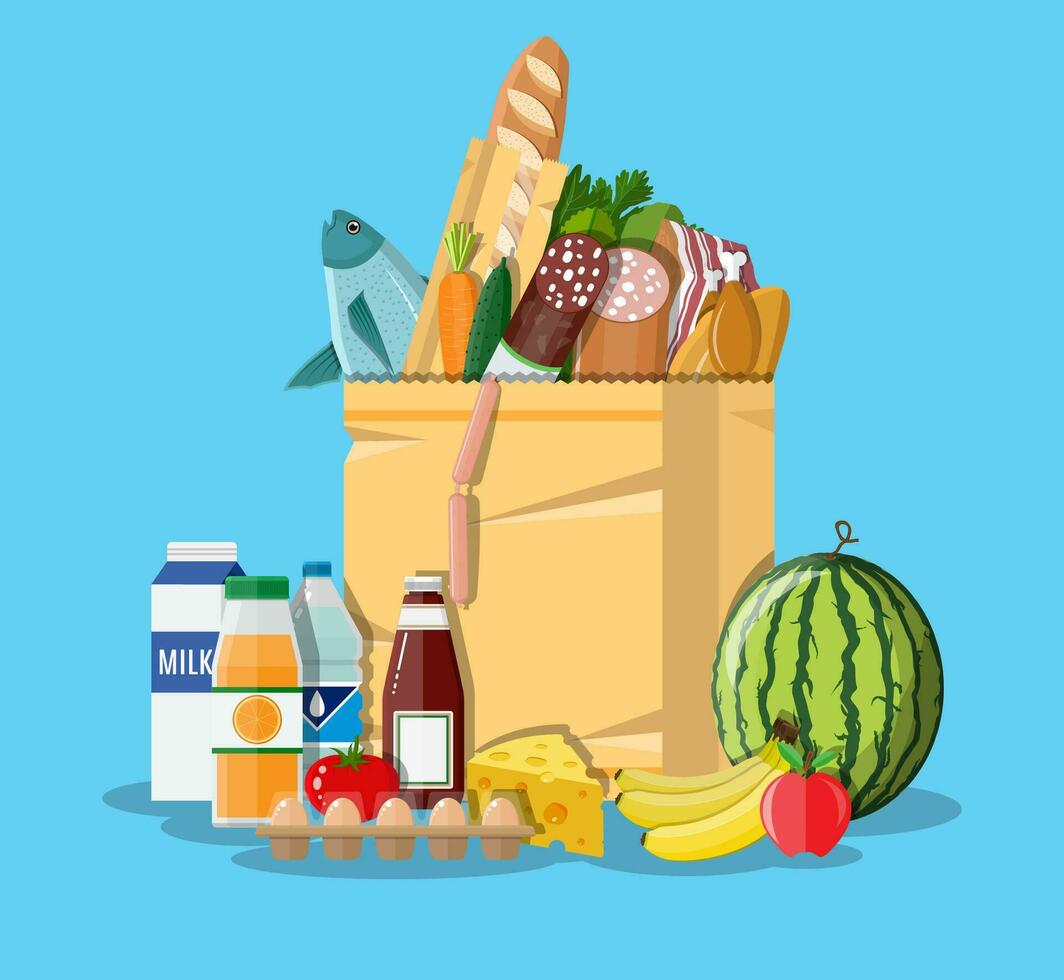 carta shopping Borsa pieno di drogheria prodotti. drogheria negozio. supermercato. fresco biologico cibo e bevande. vettore illustrazione nel piatto stile