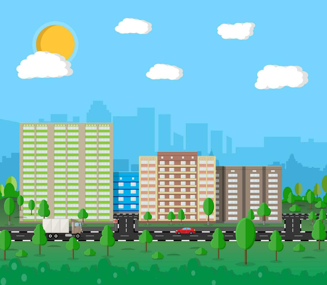 moderno estate città Visualizza. paesaggio urbano con ufficio e residenziale edifici, alberi, strada con macchina, camion, blu sfondo con nuvole e sole. vettore illustrazione nel piatto stile