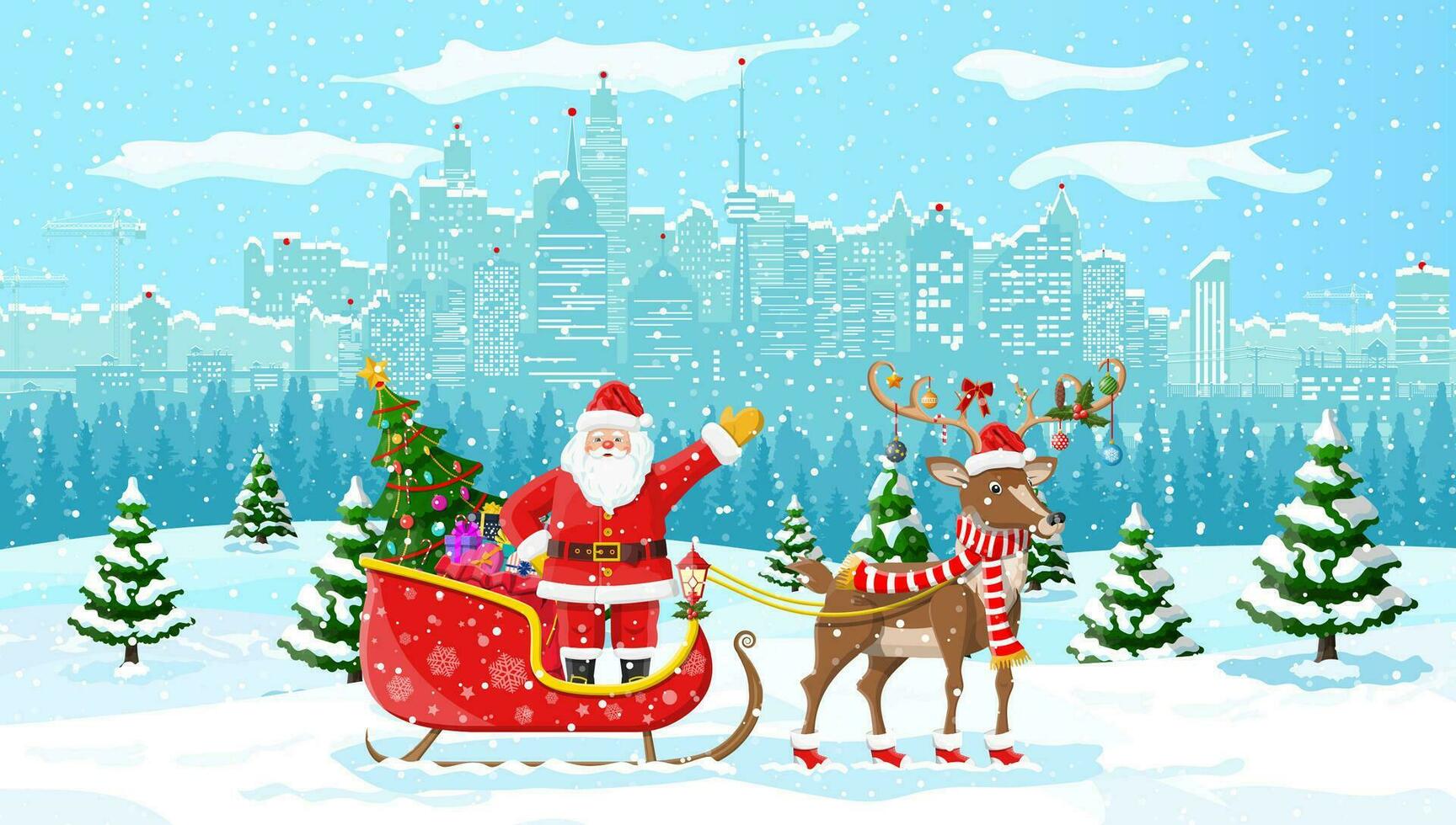 Santa Claus cavalcate renna slitta. Natale inverno paesaggio urbano, i fiocchi di neve e alberi. contento nuovo anno decorazione. allegro Natale vacanza. nuovo anno e natale celebrazione. vettore illustrazione piatto stile