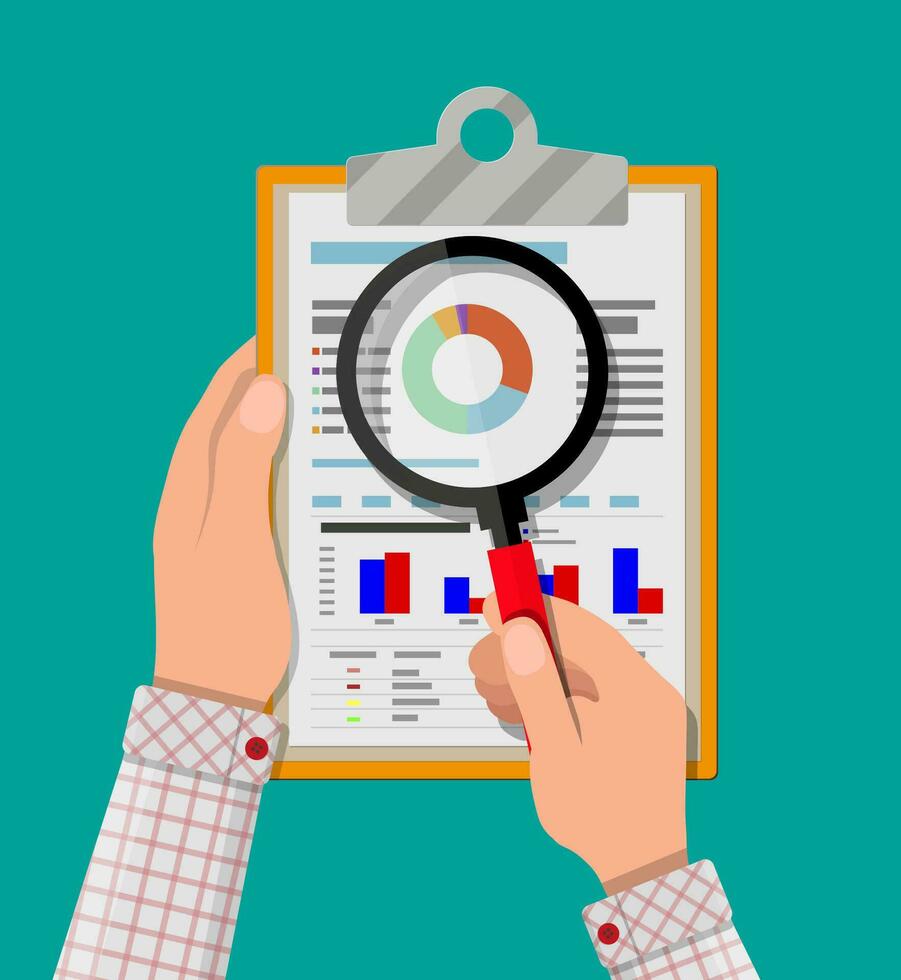 mano Tenere appunti con finanziario rapporti e ingrandimento bicchiere. vettore illustrazione nel piatto design