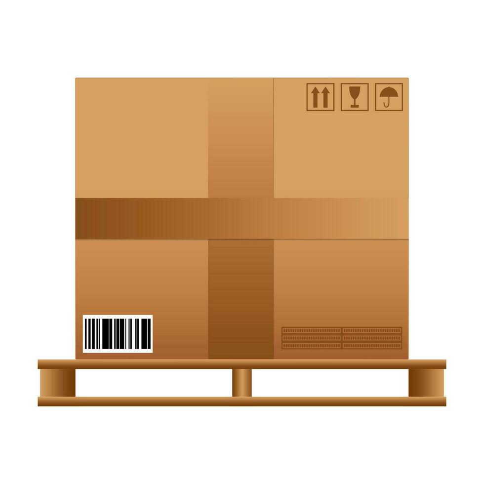 grande Marrone chiuso scatola di cartone consegna scatola con fragile segni e codice a barre su di legno pallet. vettore illustrazione isolato su bianca sfondo