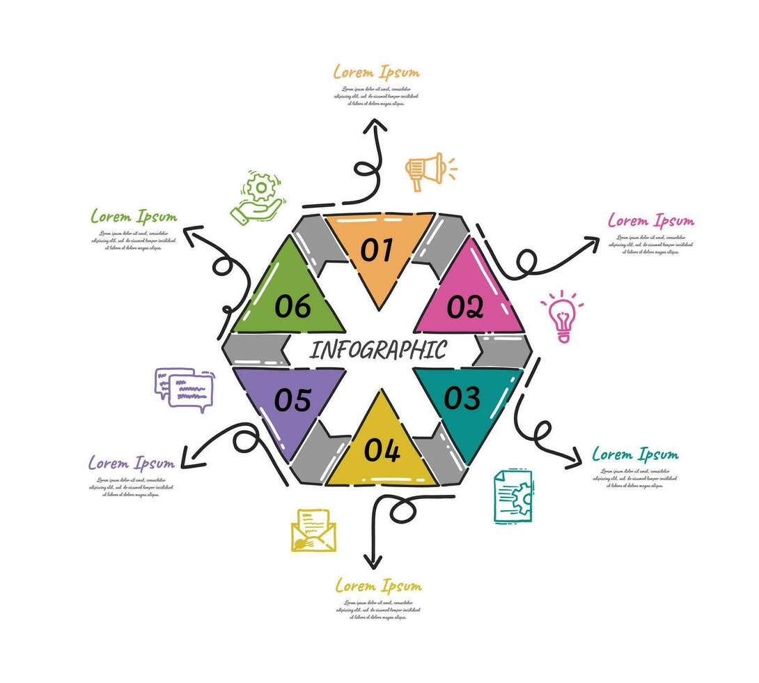 sequenza temporale Infografica mano disegnato modello con 6 opzioni, vettore infografica scarabocchio design.