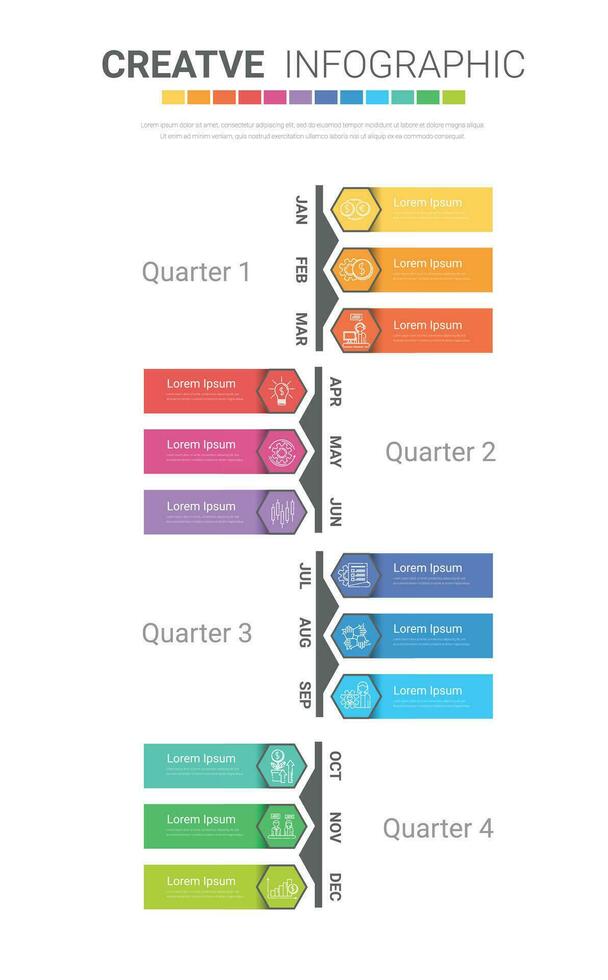 calendario 12 mesi nel 4 quarti, Infografica modello per attività commerciale 1 anno può essere Usato per annuale rapporto, flusso di lavoro, processi diagramma, flusso grafico. vettore