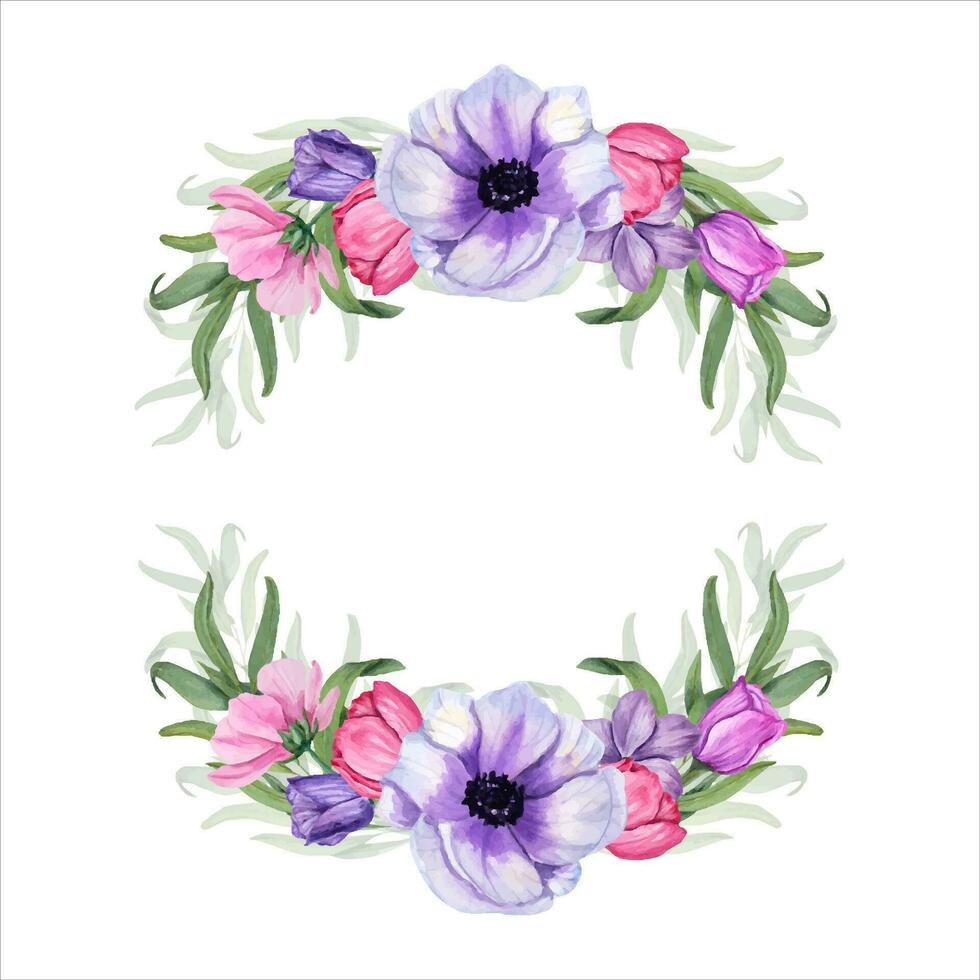 acquerello ghirlanda con anemoni, eucalipto. botanico primavera illustrazione per cartolina design vettore