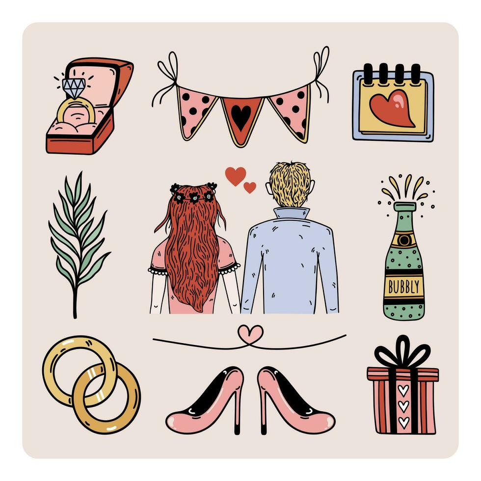 nozze cerimonia vettore impostare. simboli di matrimonio - sposa e sposo indietro Visualizza, Fidanzamento anelli, Champagne, i regali, ghirlanda con cuori. mano disegnato scarabocchio. piatto cartone animato clipart per carte, inviti