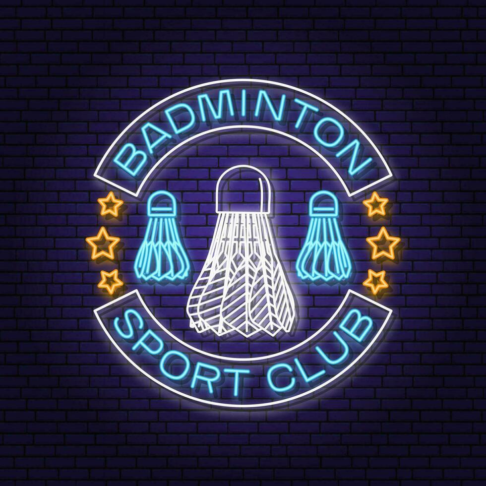 badminton sport neon emblema. vettore illustrazione. Vintage ▾ badminton etichetta con racchetta e volano sagome. concetto per camicia o logo, Stampa, francobollo o tee.