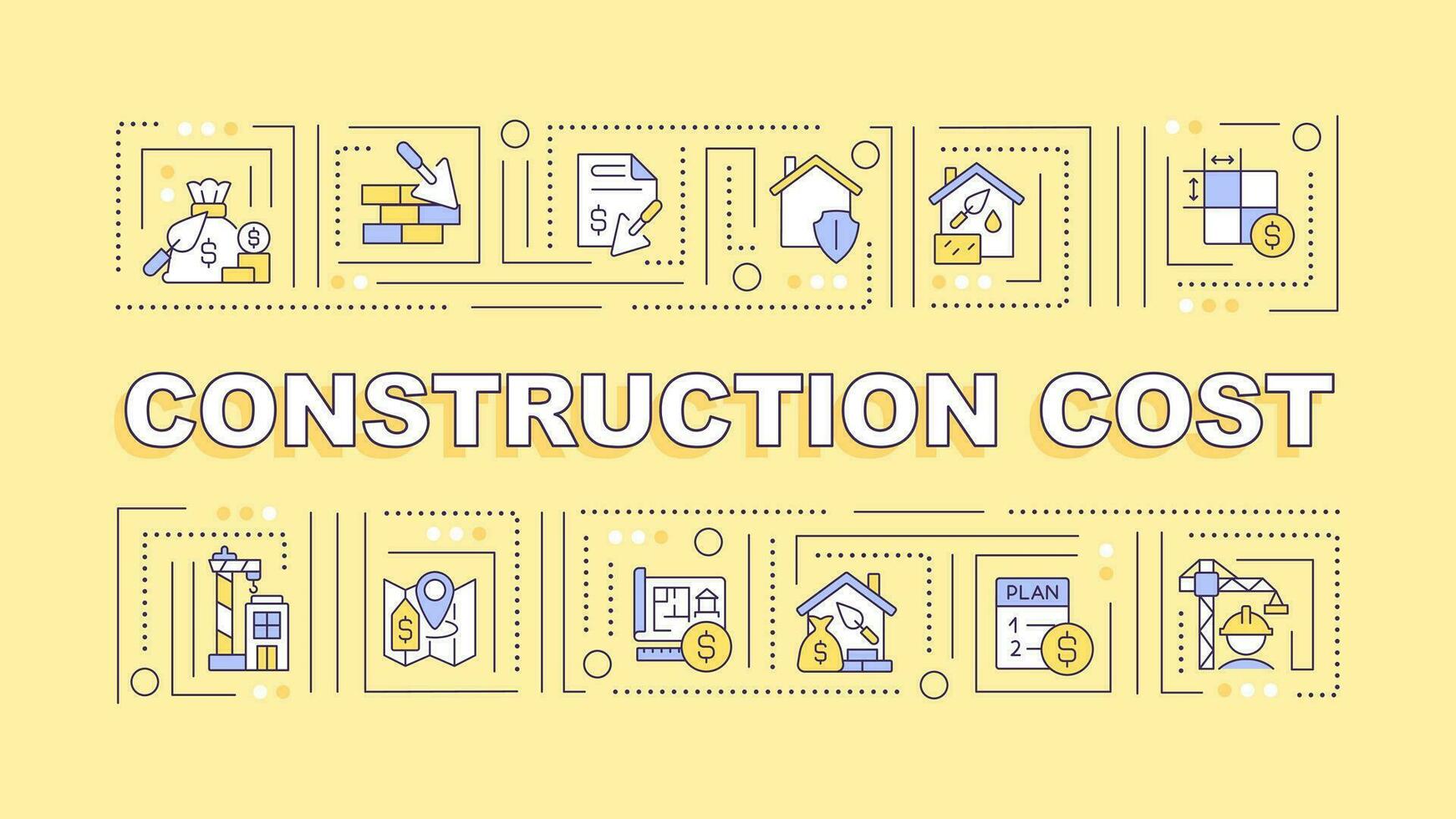 costruzione costo testo con vario magro linea icone concetto su giallo monocromatico sfondo, modificabile 2d vettore illustrazione.