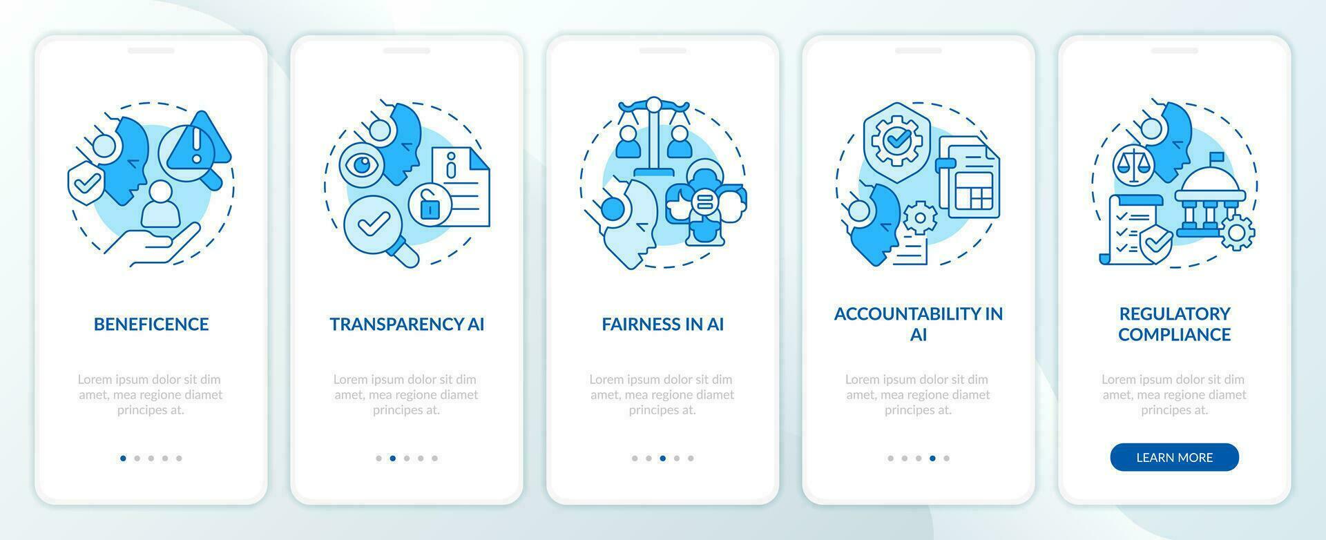 2d icone che rappresentano informatica legge mobile App schermo impostare. Procedura dettagliata 5 passaggi blu grafico Istruzioni con linea icone concetto, ui, ux, gui modello. vettore