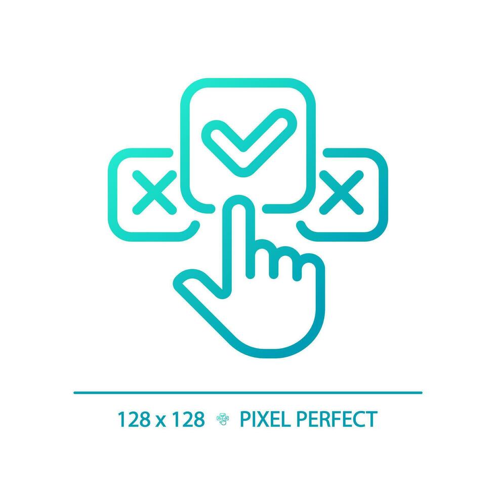 2d pixel Perfetto blu pendenza clic su dai un'occhiata marchio icona, isolato vettore, magro linea illustrazione che rappresentano confronti. vettore