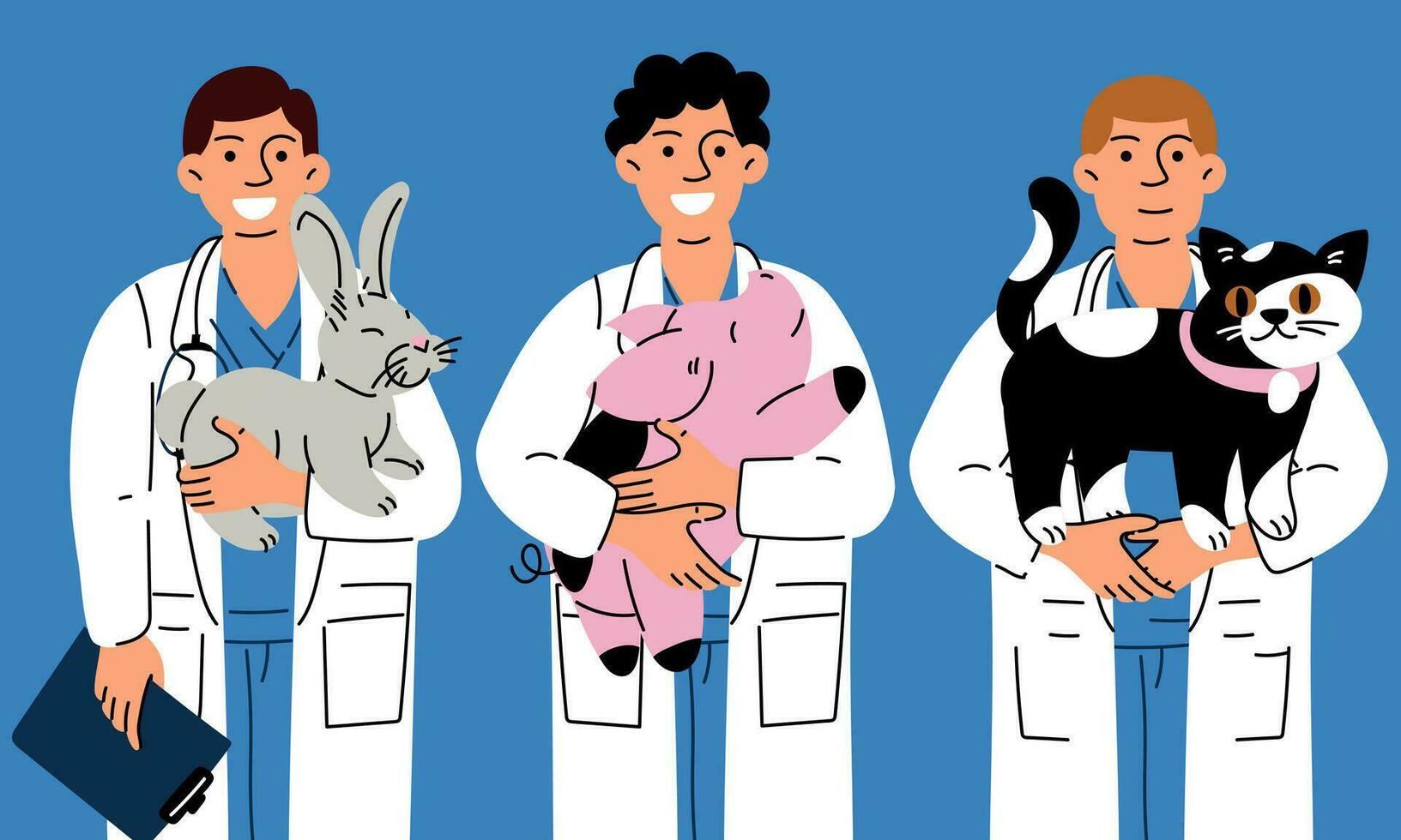 contento maschio veterinari con un' contento varietà di animali domestici nel loro braccia. vettore illustrazione di animale cura. piatto stile. veterinario ragazzi con animali maiale, coniglio, gatto. internazionale del veterinario giorno