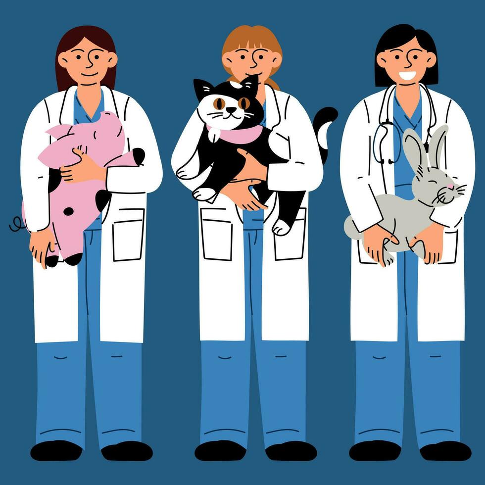 impostato di contento veterinario ragazze con un' varietà di animali domestici. vettore illustrazione di animale cura. piatto stile femmina veterinari con animali nel loro braccia maiale, coniglio, gatto nel blu. internazionale del veterinario giorno