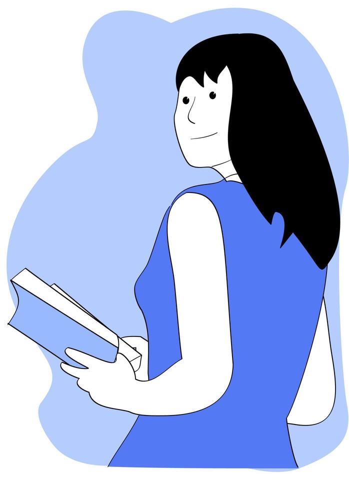 la ragazza che stava leggendo un libro si voltò con un sorriso. illustrazioni di disegno vettoriale stile disegnato a mano.