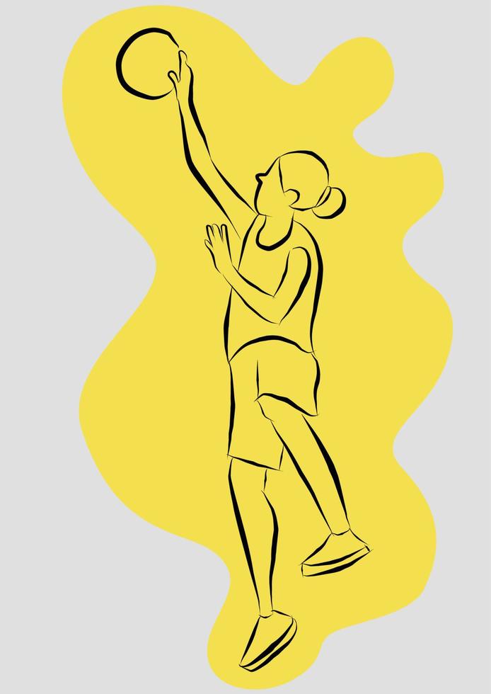 ragazza lancia una palla da basket nel canestro. illustrazioni di disegno vettoriale stile disegnato a mano