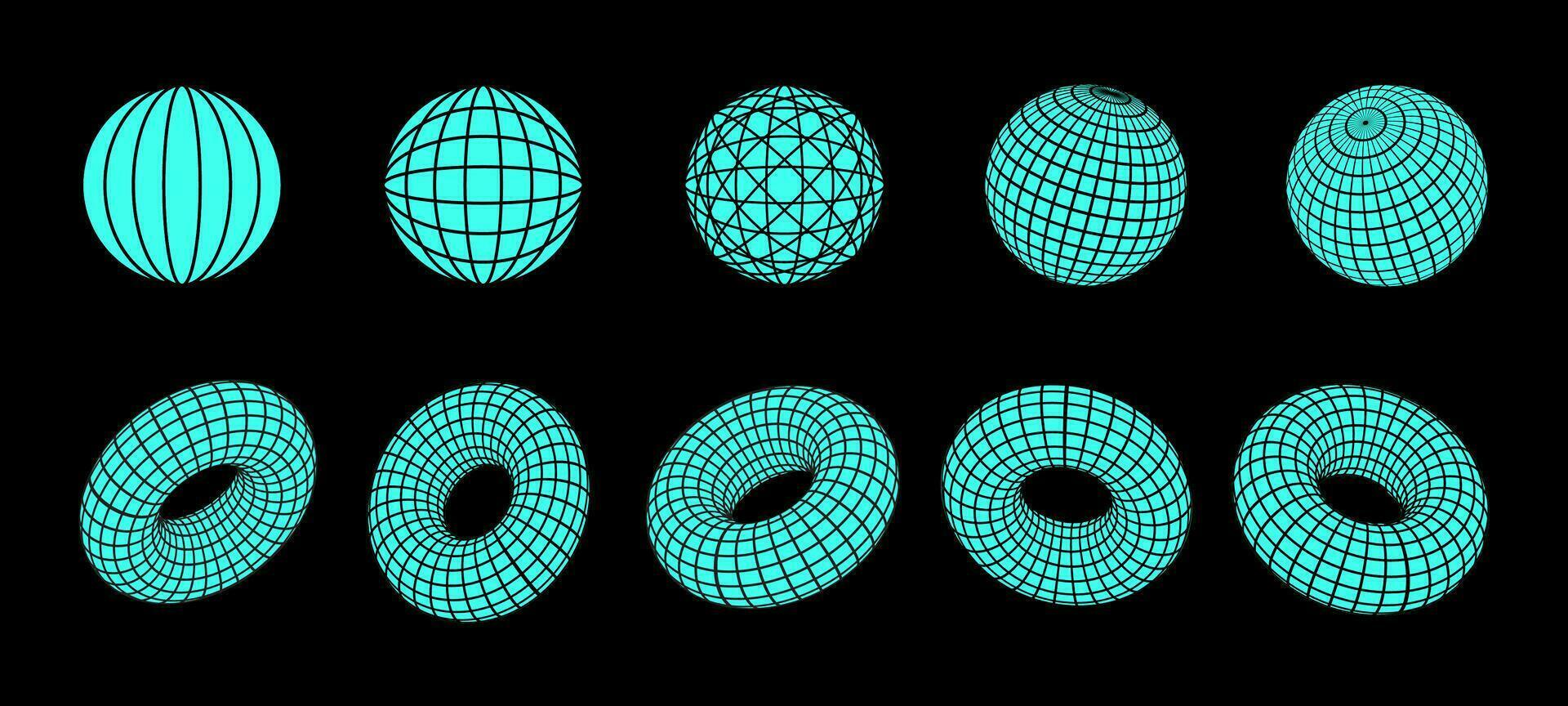 impostato di 3d forme e wireframe Modelli, sfere e toro, y2k techno futuristico e techno decorazioni. vettore illustrazione.