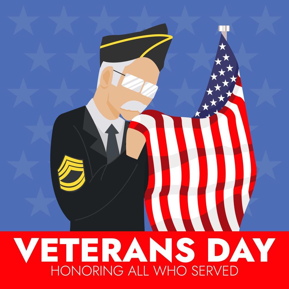 veterano di guerra che bacia bandiera americana adatto per l'illustrazione del giorno dei veterani vettore