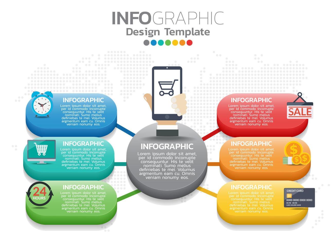 modello di progettazione infografica con 6 opzioni di colore. vettore