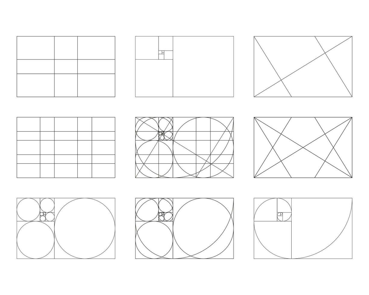 d'oro rapporto modelli impostare. fibonacci Vettore, numeri. armonia proporzioni. metodo d'oro sezione. schema vettore illustrazione.