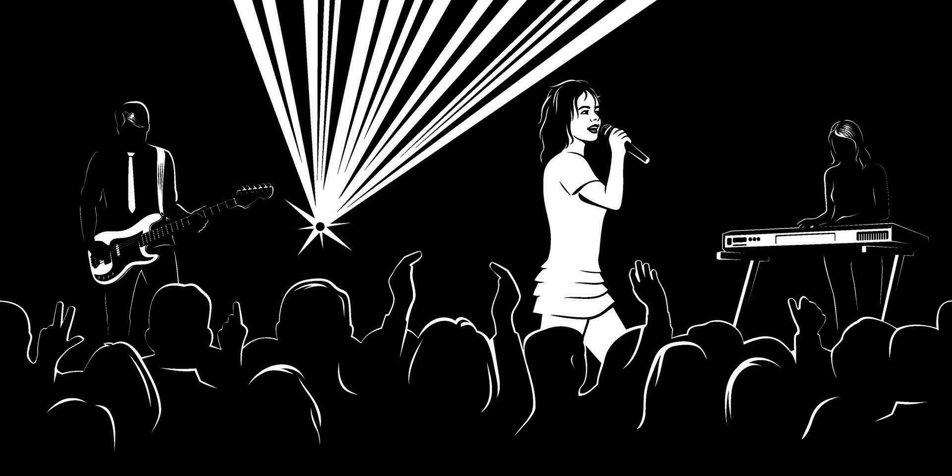 silhouette illustrazione di folla pubblico su un' concerto, musica mostrare. cantante ragazza e musicisti su un' palcoscenico. pubblico è il separato oggetto. vettore