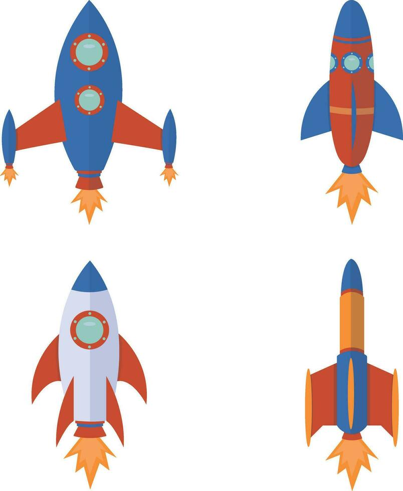 impostato di navicella spaziale razzo. nel piatto cartone animato design e forma. isolato vettore illustrazione.