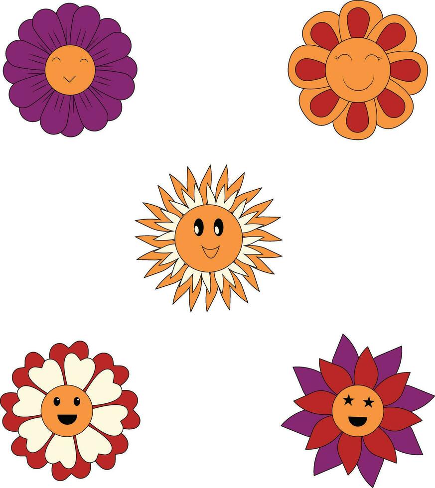 Groovy fiori retrò icona nel carino cartone animato design. vettore illustrazione impostare.