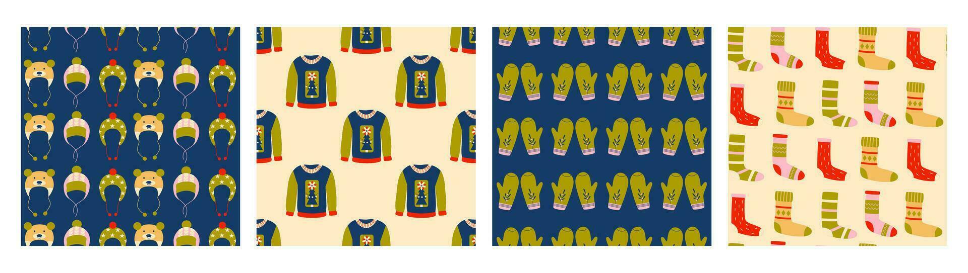 colorato a maglia abbigliamento senza soluzione di continuità modelli. cappelli, guanti, calzini, pullover. Natale inverno vacanze. sfondo, digitale carta, involucro carta. vettore