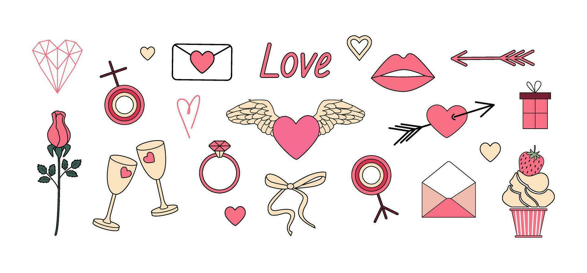 San Valentino giorno clipart. rosa cuori, amore posta, squillo, fiore, regalo, bicchiere di vino, labbra, freccia. Femminile retrò romantico adesivi, scarabocchi. vettore